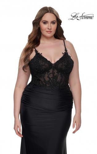 Picture of: Long Plus Size Jersey Dress with Illusion Lace Bodice in Black, Style: 32226, Main Picture