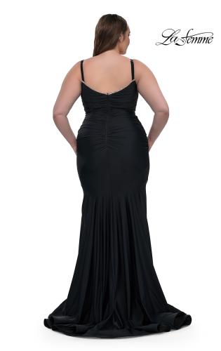 Picture of: Chic Plus Size Dress with Ruching and Rhinestone Neckline Detail in Black, Style: 33057, Detail Picture 8