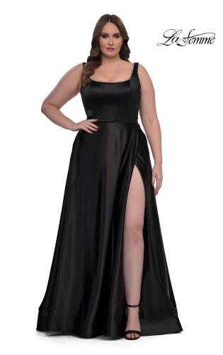 Picture of: A-line Satin Plus Prom Dress with Rhinestone Neckline in Black, Style: 33026, Detail Picture 9