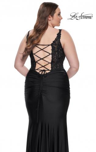Picture of: Ruched Jersey Plus Dress with Illusion Lace Bodice and Tie Back in Black, Style: 31273, Detail Picture 10
