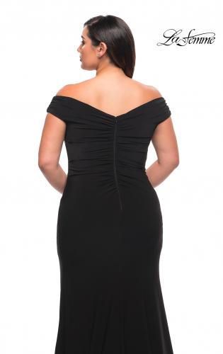 Picture of: Matte Jersey Long Plus Dress with Ruching and Slit in Black, Style: 29663, Detail Picture 11