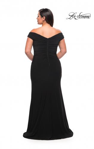 Picture of: Matte Jersey Long Plus Dress with Ruching and Slit in Black, Style: 29663, Detail Picture 12