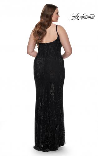 Picture of: Rhinestone Fishnet Plus Size Dress with Bustier Top in Black, Style: 32189, Back Picture
