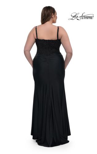 Picture of: Plus Size Prom Dress with Lace Corset Top and Jersey Skirt in Black, Style: 32449, Back Picture