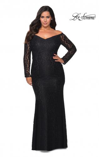 Picture of: Lace Off The Shoulder Long Sleeve Plus Dress with Stones in Black, Style: 28945, Detail Picture 1