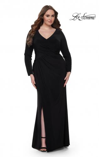 Picture of: Long Sleeve Jersey Plus Size Evening Dress with Ruching in Black, Style: 32191, Detail Picture 1