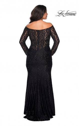 Picture of: Lace Off The Shoulder Long Sleeve Plus Dress with Stones in Black, Style: 28945, Detail Picture 2