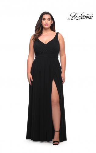 Picture of: Net Jersey Plus Size Long Dress with Slit and V Neck in Black, Style: 29075, Detail Picture 2