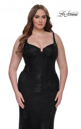 Picture of: Rhinestone Fishnet Plus Size Dress with Bustier Top in Black, Style: 32189, Detail Picture 2