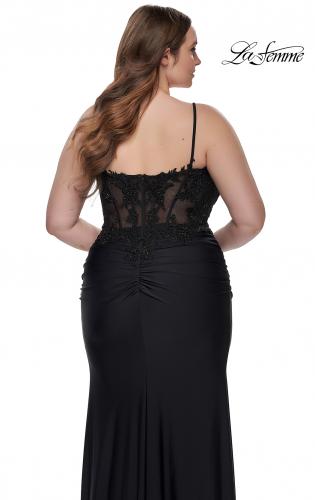 Picture of: Long Plus Size Jersey Dress with Illusion Lace Bodice in Black, Style: 32226, Detail Picture 2