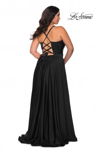 Picture of: Satin A-line Plus Dress with Lace Up Back and Pockets in Black, Style: 29033, Detail Picture 3