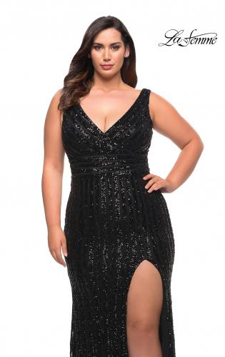 Picture of: Long Sequin Plus Size Dress with Banded Waist in Black, Style: 30182, Detail Picture 3