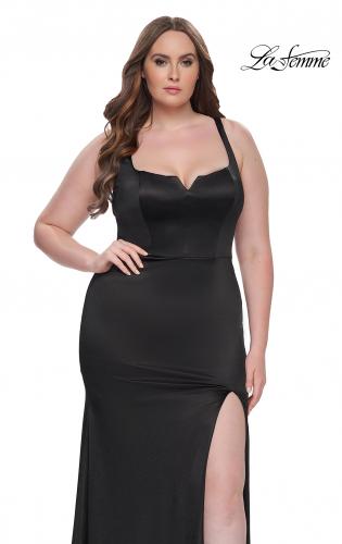 Picture of: Stretch Satin Plus Size Dress with Unique Neckline and Slit in Black, Style: 31266, Detail Picture 3
