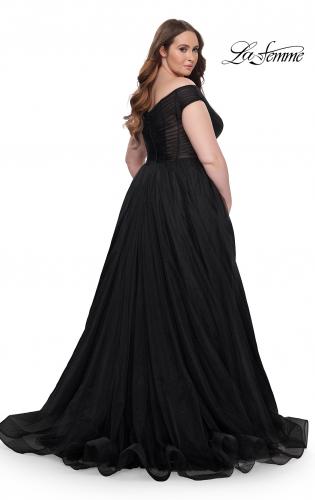 Picture of: A-Line Tulle Off the Shoulder Plus Size Dress with Slit in Black, Style: 32204, Detail Picture 3