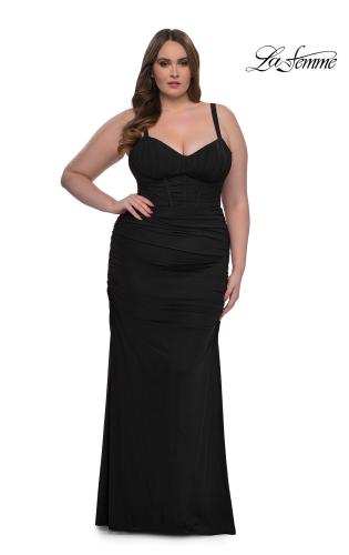 Picture of: Corset Net Jersey Plus Size Dress with V Neck in Black, Style: 32402, Detail Picture 3