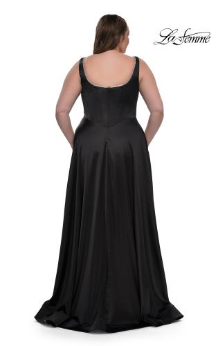 Picture of: A-line Satin Plus Prom Dress with Rhinestone Neckline in Black, Style: 33026, Detail Picture 3