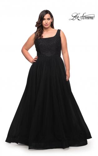 Picture of: A-line Tulle and Lace Plus Size Gown with Slit in Black, Style: 29070, Detail Picture 6