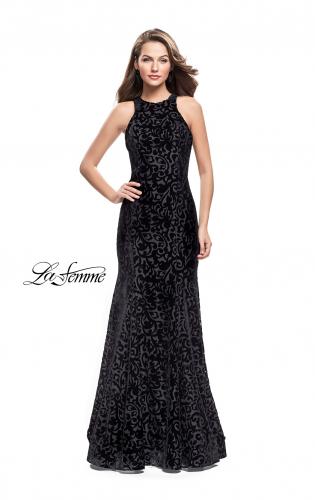 Picture of: Long Velvet Gown with a High Neck and Deep V in Black, Style: 25490, Main Picture