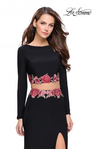Picture of: Long Sleeve Two Piece Dress with Floral Applique in Black, Style: 25695, Main Picture