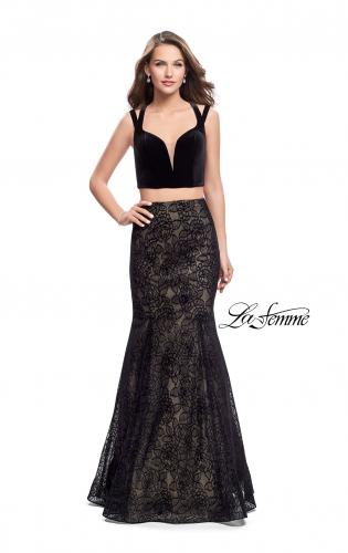 Picture of: Long Two Piece Prom Dress with Velvet Top in Black, Style: 25772, Main Picture
