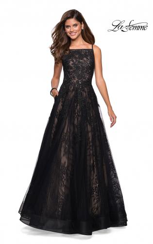 Picture of: Tulle and Lace Long Evening Gown with Pockets in Black, Style: 27488, Main Picture