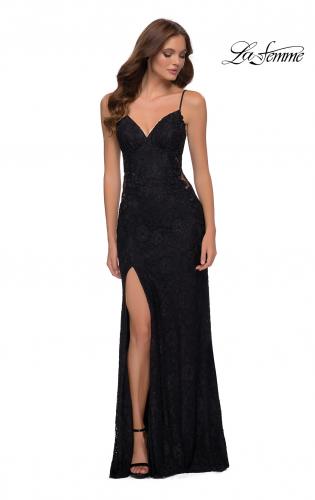 Picture of: Sleek Lace Long Dress with Sheer Sides and Open Back in Black, Style 29694, Main Picture