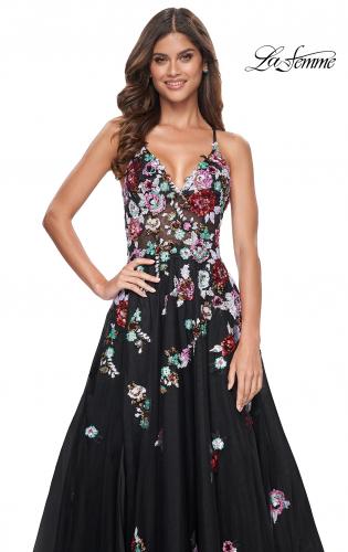 Picture of: Multi Color Sequin Floral Applique A-Line Prom Dress in Black, Style: 32051, Main Picture