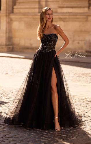 Picture of: Strapless Tulle Gown with Unique Beaded Sheer Top in Black , Style 32856, Main Picture