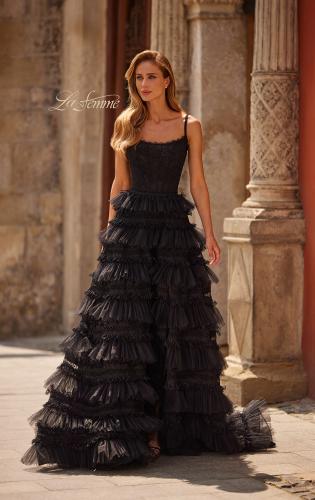 Picture of: Tiered Ruffle Gown with Beaded Bodice and High Slit in Black, Style: 33493, Main Picture