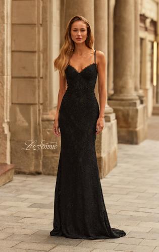 Picture of: Lace Fitted Gown with Crisscross Back and Rhinestones in Black, Style: 33514, Main Picture