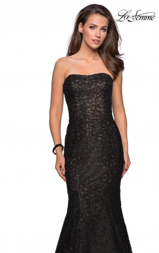 Picture of: Long Mermaid Metallic Lace Strapless Prom Dress in Black, Style: 27267, Detail Picture 8