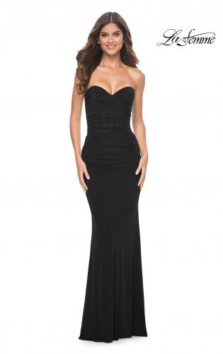 Picture of: Strapless Ruched Net Jersey Gown with Sweetheart Top in Black, Style: 31899, Detail Picture 8