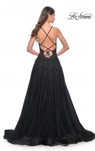 Picture of: A-Line Tulle Dress with Rhinestone Embellished Lace Applique in Black, Style: 32022, Detail Picture 8