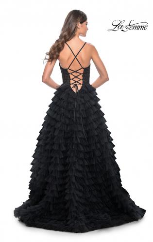 Picture of: Ruffle Tulle Prom Gown with Illusion Lace Bodice and High Slit in Black, Style: 32128, Detail Picture 8