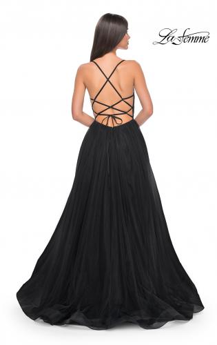 Picture of: A-Line Tulle Gown with High Slit and Illusion Rhinestone Fishnet Bodice in Black, Style: 32135, Detail Picture 8