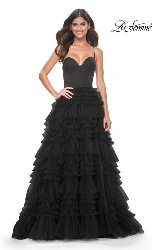 Picture of: Ruffle Tulle A-Line Dress with Satin Bustier Top in Black, Style: 32071, Detail Picture 9