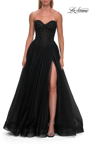Picture of: Tulle Ball Gown with Beaded Corset Bodice and High Slit in Black, Style: 33410, Detail Picture 9
