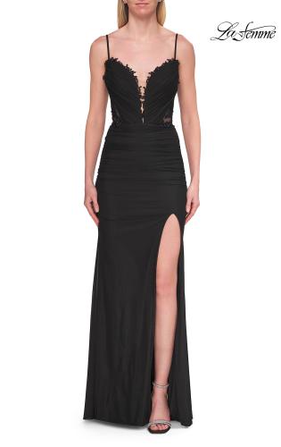 Picture of: Ruched Jersey Gown with Beaded Bodice and High Slit in Black, Style: 33665, Detail Picture 9