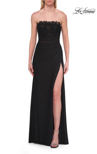 Picture of: Strapless Jersey Gown with Lace Bodice and High Slit in Black, Style: 33704, Detail Picture 9