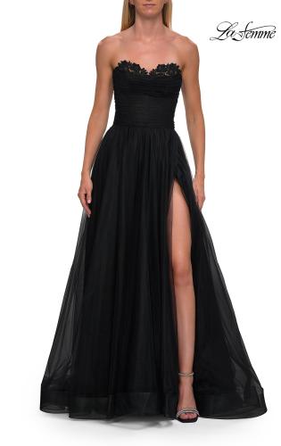 Picture of: Strapless Lace Corset Tulle Gown with Slit in Black, Style: 33363, Detail Picture 10