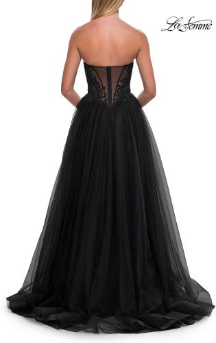 Picture of: Tulle Ball Gown with Beaded Corset Bodice and High Slit in Black, Style: 33410, Detail Picture 10