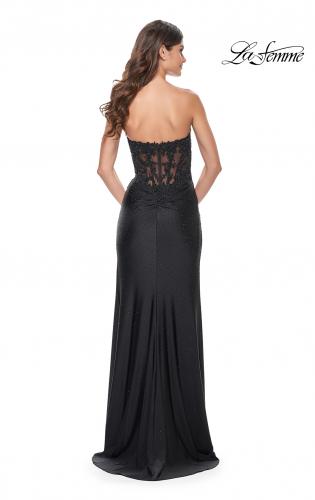 Picture of: Ruched Jersey Skirt with Lace Illusion Top and Rhinestone Prom Dress in Black, Style: 32011, Detail Picture 11