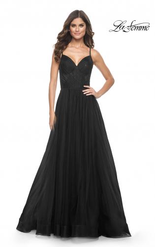 Picture of: Simple Tulle A-LIne Prom Dress with Ruched Illusion Bodice in Black, Style: 32130, Detail Picture 11