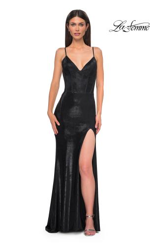 Picture of: Fitted Metallic Jersey Prom Dress with Corset Style Top in Black , Style 32877, Detail Picture 11
