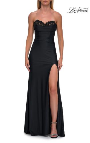 Picture of: Strapless Jersey Corset Gown with High Slit and Ruched Detail in Black, Style: 33396, Detail Picture 11