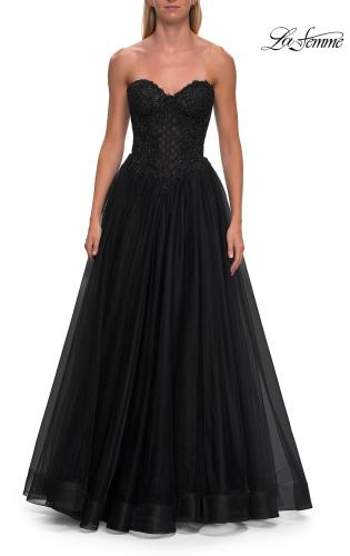 Picture of: Tulle Ball Gown with Beaded Corset Bodice and High Slit in Black, Style: 33410, Detail Picture 11