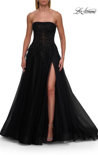Picture of: Strapless A-Line Gown with Embroidered Corset and Slit in Black, Style: 33528, Detail Picture 11