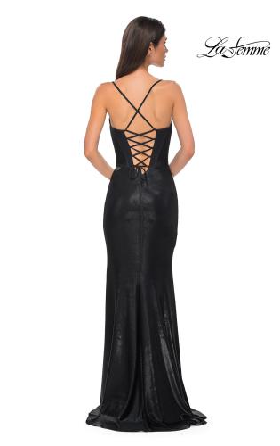 Picture of: Fitted Metallic Jersey Prom Dress with Corset Style Top in Black , Style 32877, Detail Picture 12