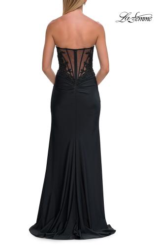 Picture of: Strapless Jersey Corset Gown with High Slit and Ruched Detail in Black, Style: 33396, Detail Picture 12