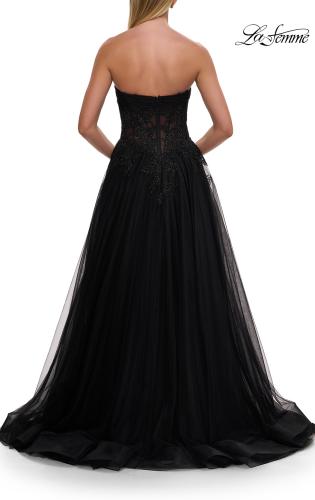 Picture of: Strapless A-Line Gown with Embroidered Corset and Slit in Black, Style: 33528, Detail Picture 12